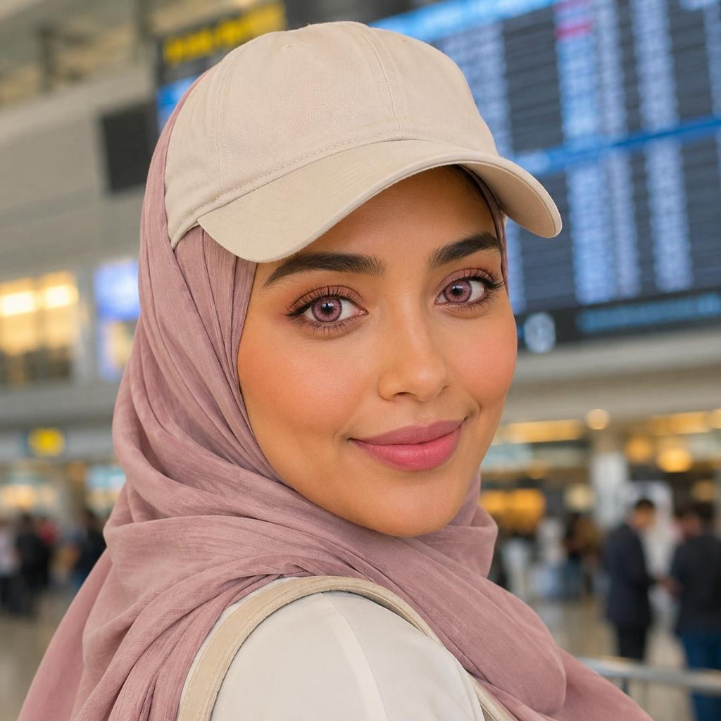 A woman going to travel with a hijab and a baseball cap, wearing striking pink contact lenses, smiles confidently at the camera.