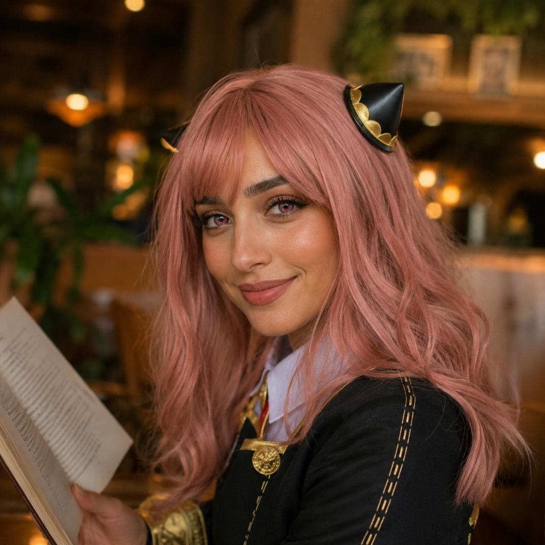 Woman with pink hair and cat ears holding a book in a cozy indoor setting