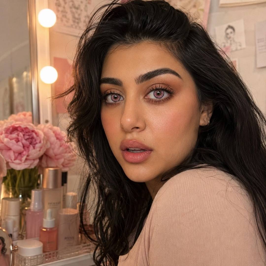  Woman with dark hair and dramatic eye makeup, with a vanity and makeup products in the background.