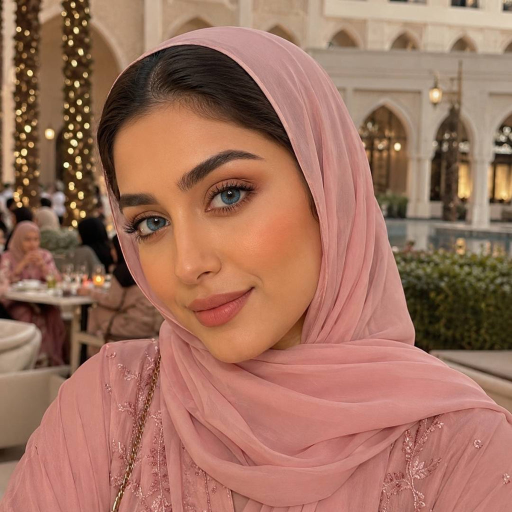 Woman wearing a soft pink hijab and subtle blue contact lenses seated at an outdoor luxury dining space with palm trees wrapped in lights and arched architecture behind her.
