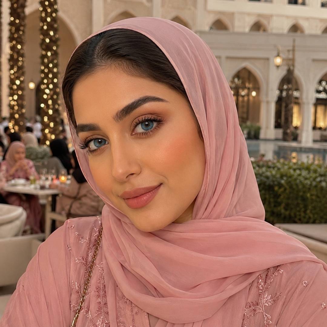 Woman wearing a soft pink hijab and subtle blue contact lenses seated at an outdoor luxury dining space with palm trees wrapped in lights and arched architecture behind her.