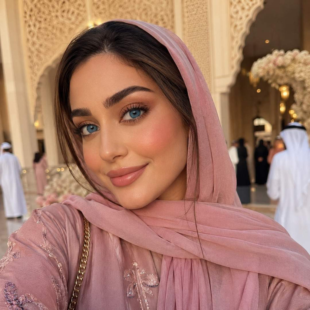 Smiling woman in a blush pink embroidered hijab with subtle blue contact lenses posing inside an ornate cream colored venue with intricate arches and soft golden lighting.