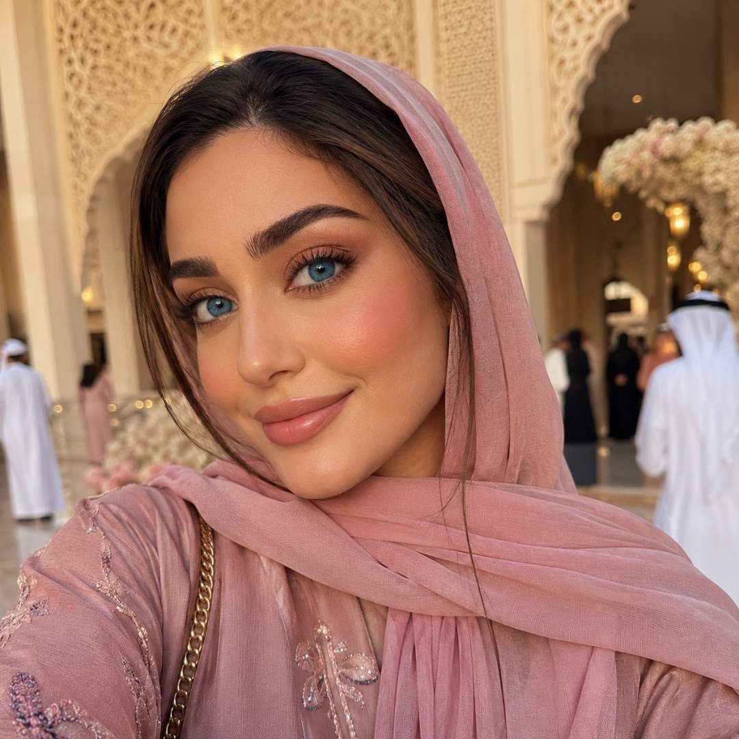 Smiling woman in a blush pink embroidered hijab with subtle blue contact lenses posing inside an ornate cream colored venue with intricate arches and soft golden lighting.
