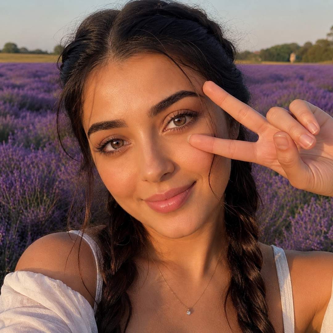 A close-up, playful photograph of a woman with twin French braids in a lavender field, smiling and making a peace sign (V-sign) gesture near her eye with her fingers. The background is a warm-toned, slightly blurred field of purple lavender flowers during golden hour light