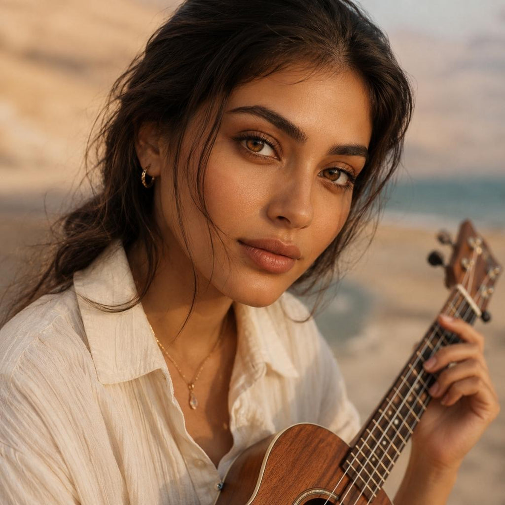 Woman holding a ukulele with a blurred natural background