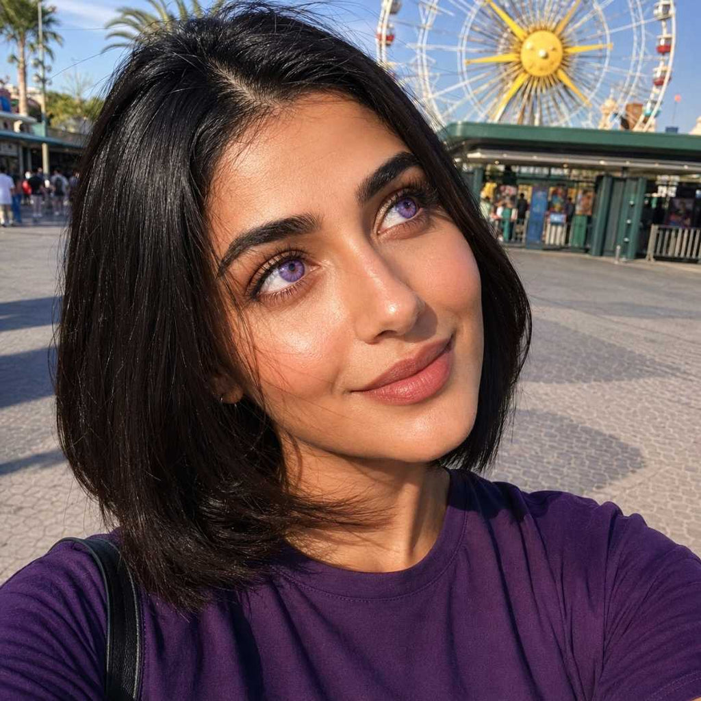 Woman wearing subtle violet color contacts and a purple top takes a selfie at an outdoor amusement park. A large Ferris wheel and palm trees appear in the sunny background behind her.
