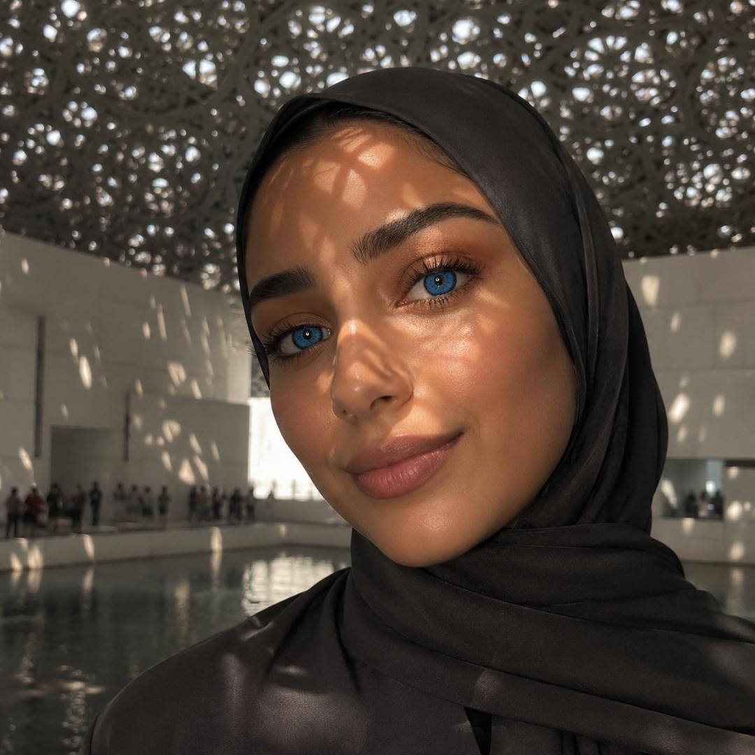 Woman wearing a black hijab in front of a modern architectural background