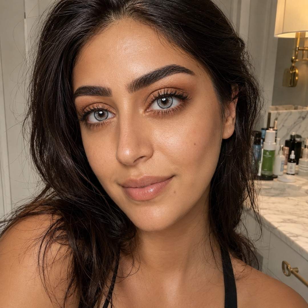 Bathroom selfie with softly styled dark hair and minimal makeup under warm indoor lighting. Eye catching gray eyes and glowing skin create a natural everyday beauty look.