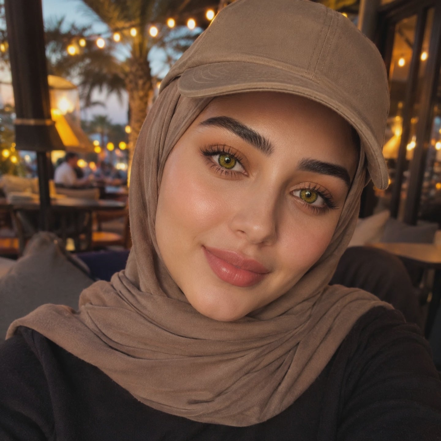 A woman with dolly brown eyes wears a hijab and a baseball cap, blending cultural styles in a unique look.