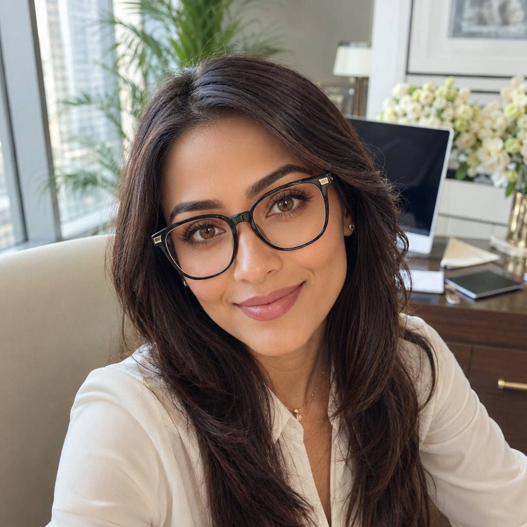 Woman wearing glasses in an office setting