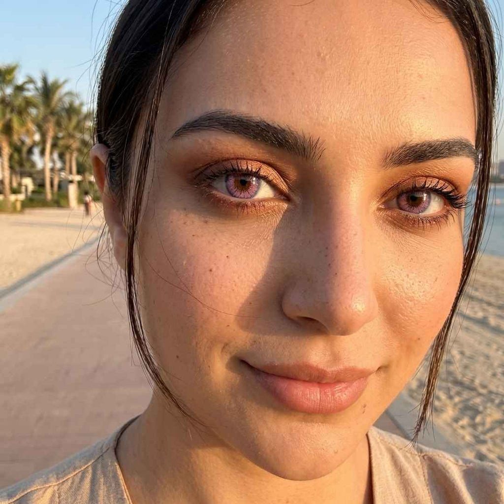 Close up beachside portrait of a woman wearing subtle violet color contacts during golden hour. Warm sunlight highlights her freckles, soft pink makeup, and light purple eyes beside a sandy waterfront path.