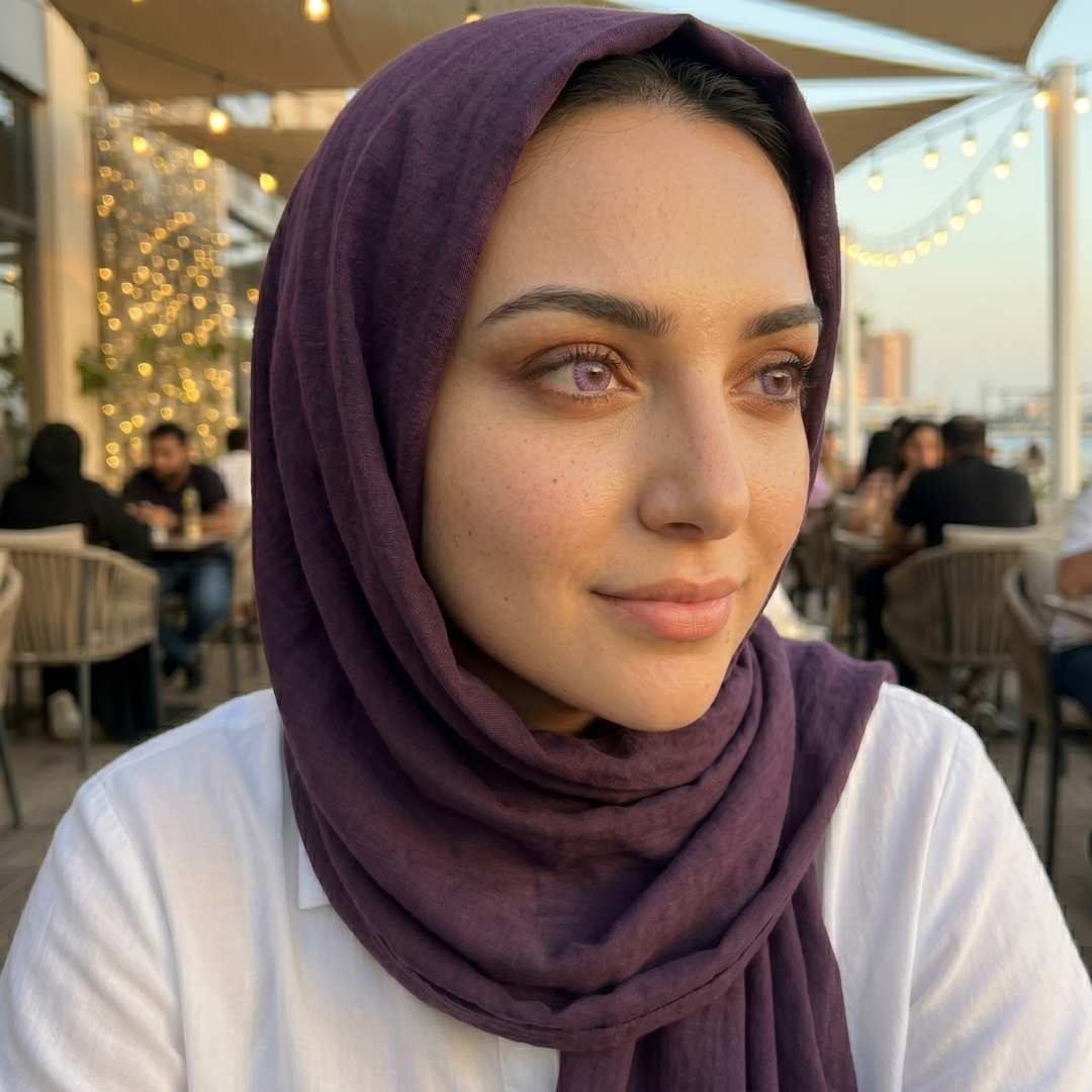 Woman wearing a purple hijab in an outdoor setting with people and lights in the background