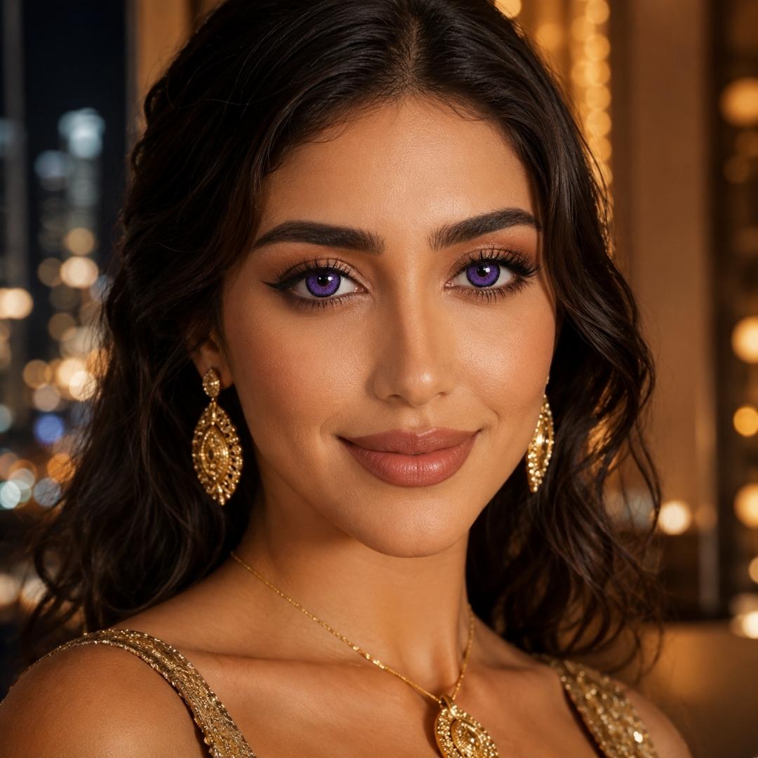 Woman wearing purple contacts and gold jewelry with a blurred cityscape background