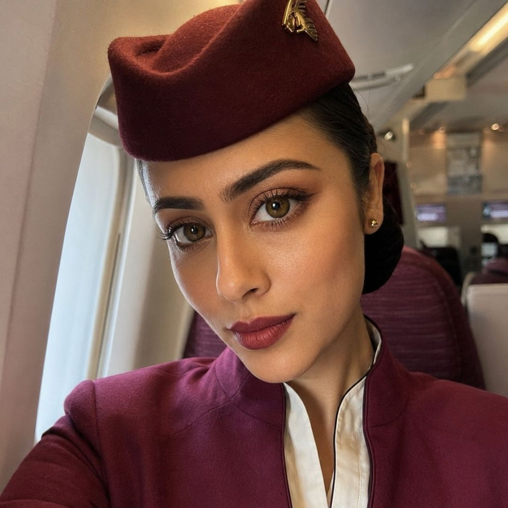 Cabin crew inspired makeup with natural looking brown contact lenses and polished style