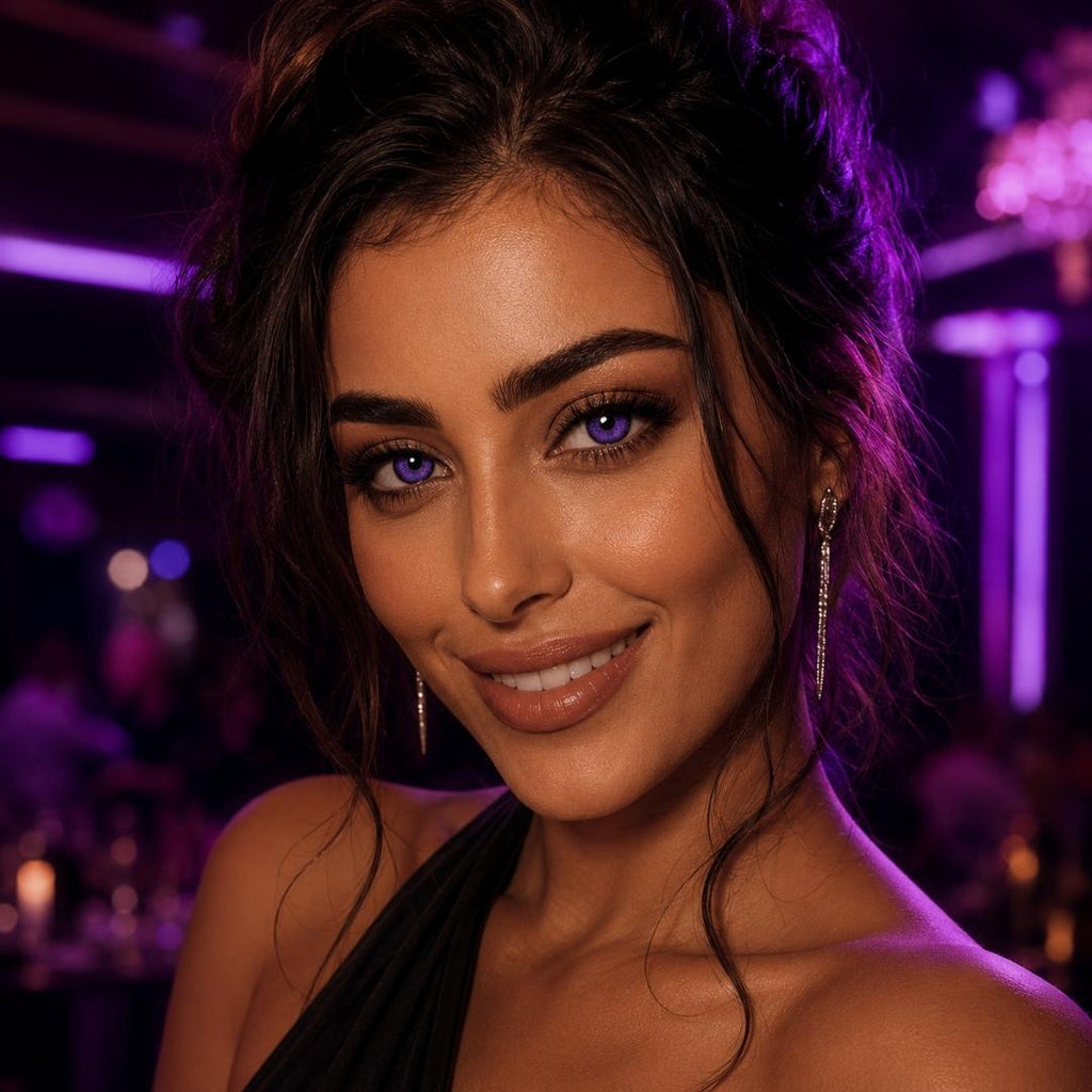 Woman with dark hair and purple eye makeup in a nightclub setting