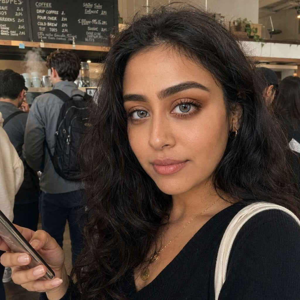 Woman with curly dark hair holds a phone inside a coffee shop with people and menu boards behind her. Her gray eyes and subtle makeup are paired with a black outfit and light shoulder bag.
