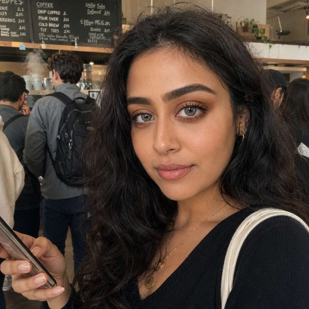 Woman with curly dark hair holds a phone inside a coffee shop with people and menu boards behind her. Her gray eyes and subtle makeup are paired with a black outfit and light shoulder bag.
