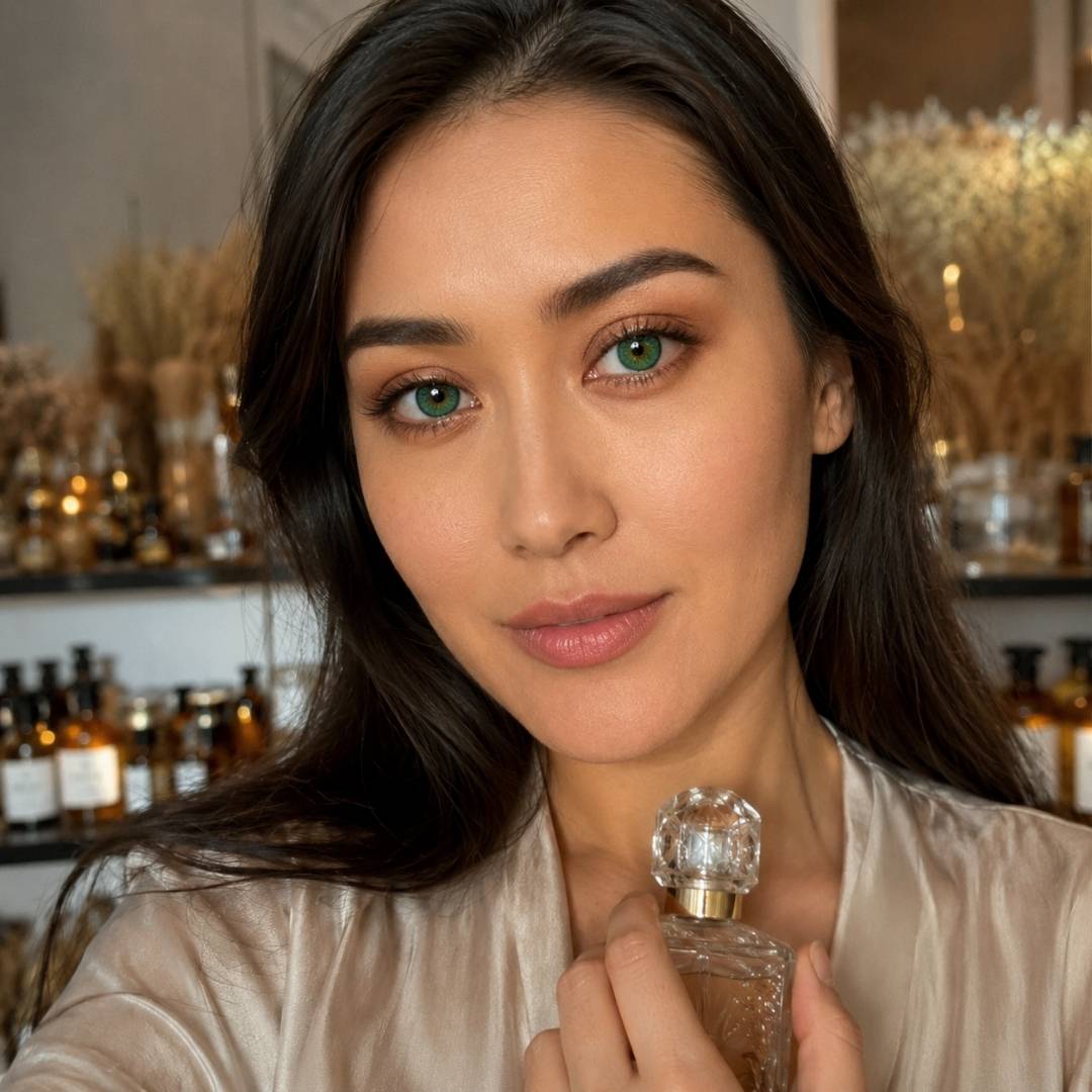Woman holding a perfume bottle inside a fragrance or beauty setting surrounded by glass bottles. Her natural makeup and green eyes give the portrait a refined and luxurious mood.