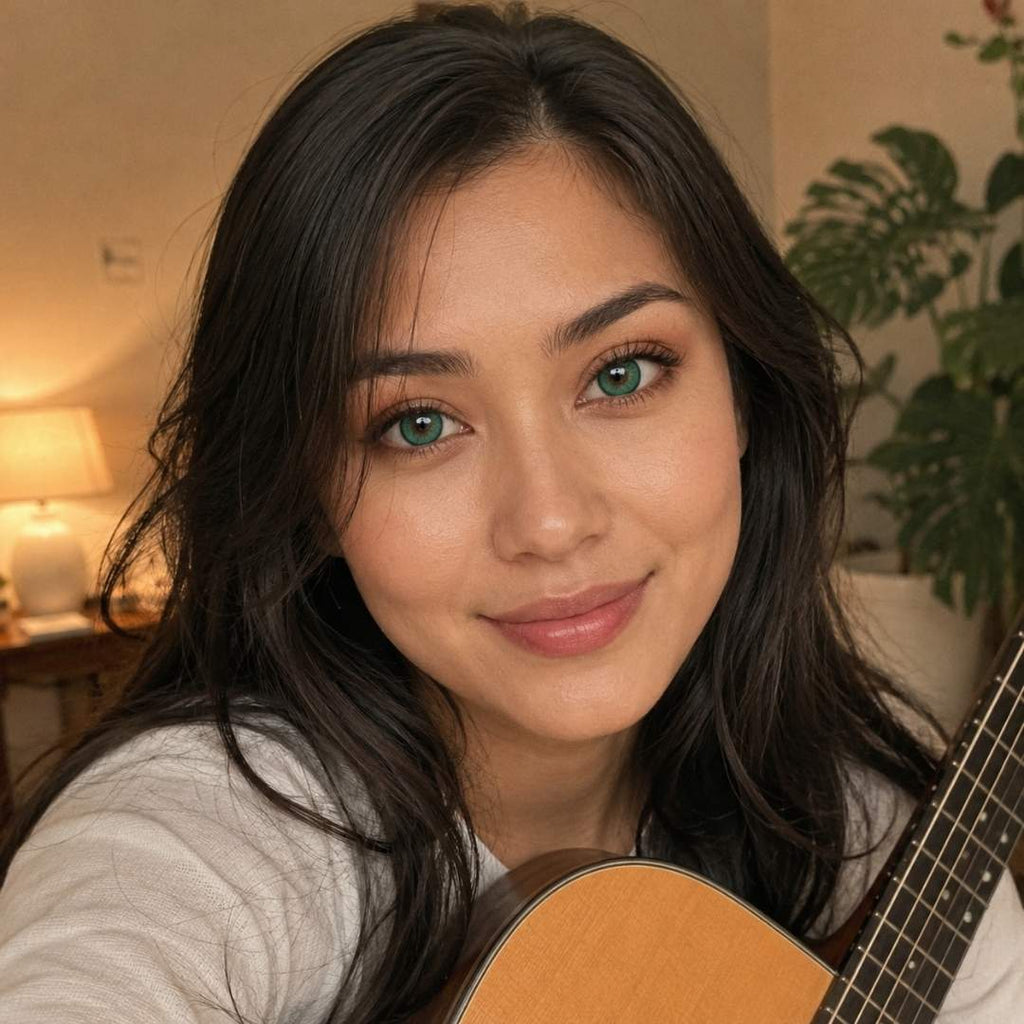 Cozy indoor portrait of a smiling woman holding an acoustic guitar in a softly lit room with plants in the background. Her relaxed pose and green eyes create a warm and personal atmosphere.