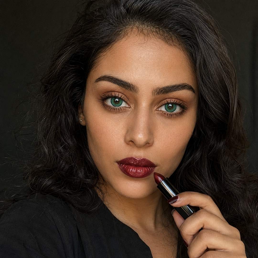 Beauty portrait of a woman holding dark lipstick near her face while wearing matching bold lip color. Dramatic green eyes and dark styling create a high contrast makeup focused look.