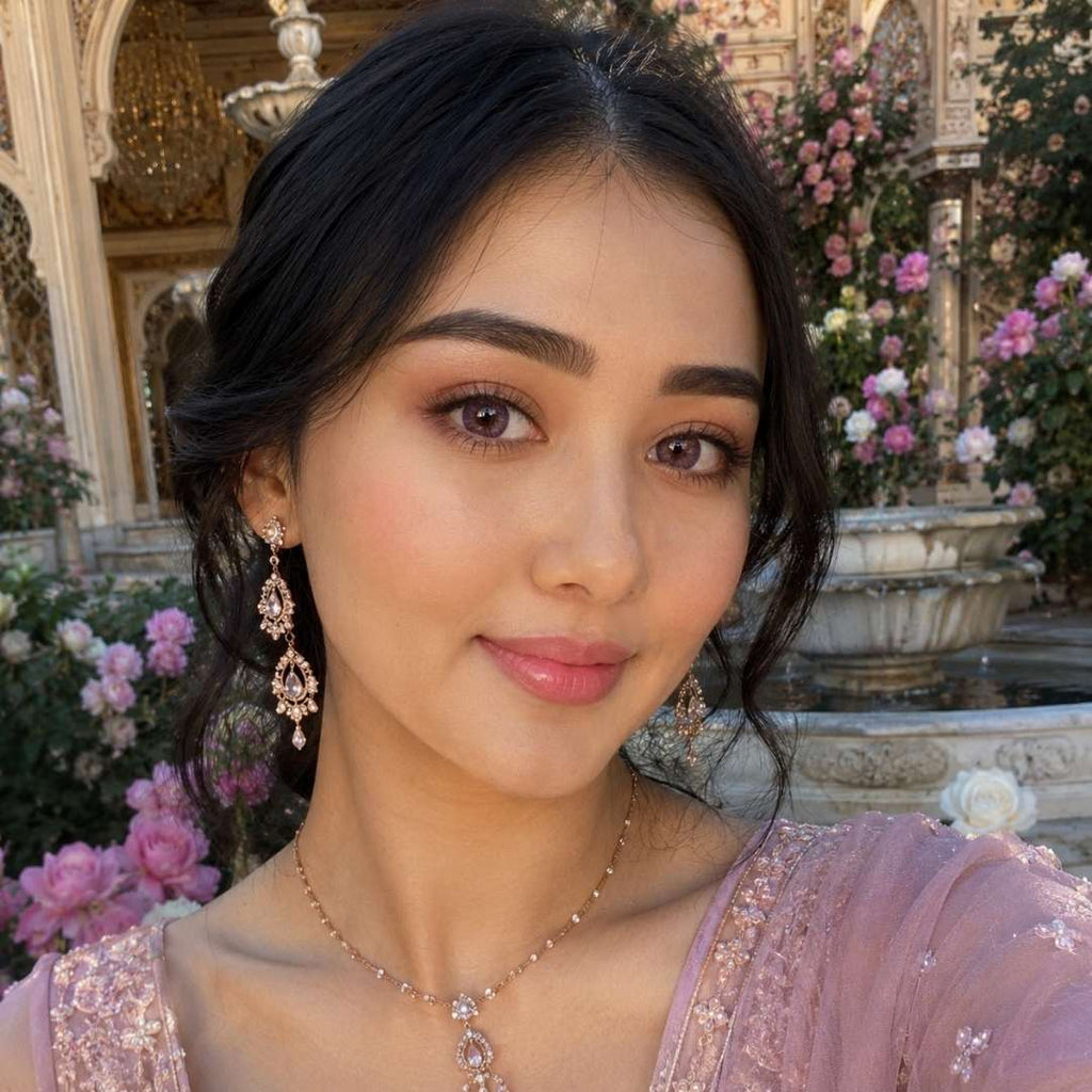 Elegant outdoor portrait in a pink embroidered dress surrounded by flowers and ornate architecture. Pink lenses for dark eyes add a delicate rosy tint that complements the romantic setting and pastel outfit.