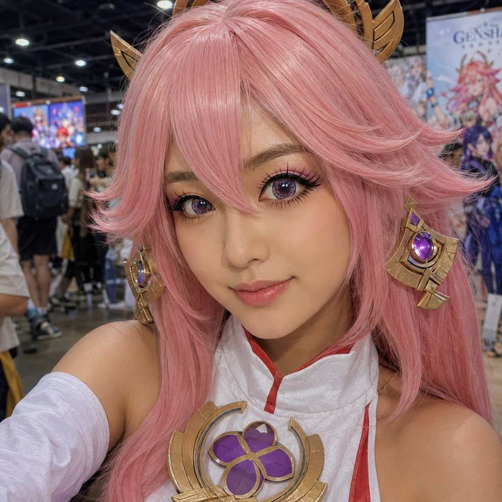 Close up portrait at a convention of a person wearing a long pink cosplay wig, ornate gold accessories, and soft pink colored contacts with a violet tint. The detailed costume and large eyes create a fantasy inspired anime look against a busy event hall background.