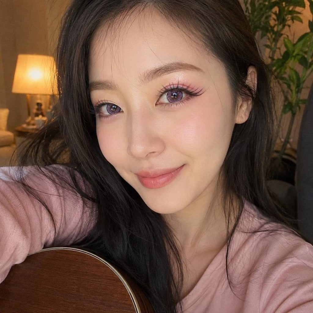 Indoor selfie of a person with long dark hair holding an acoustic guitar beside a warm table lamp. Soft pink colored contacts add a subtle pastel tone to the eyes while keeping a natural appearance.