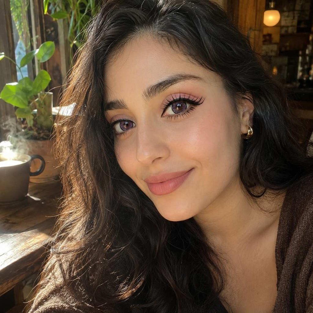 Sunlit café portrait with dark wavy hair, glowing skin, and pink contact lenses that stand out in the natural window light. A steaming cup and plants in the background create a cozy atmosphere.