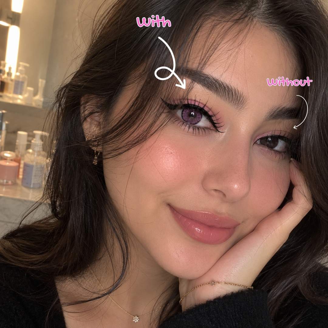 Beauty comparison photo labeled "with" and "without" showing one eye wearing anime pink contacts and the other eye without a lens. The side by side view demonstrates the enlarged iris effect and pastel pink color.