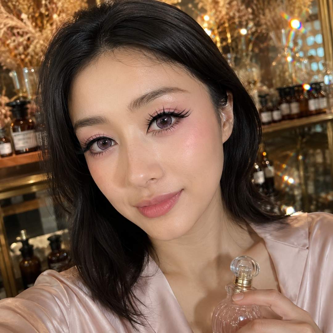 Beauty portrait in a boutique style setting with a glass perfume bottle held in the foreground. Pink contact lenses complement the soft makeup and warm golden lighting.