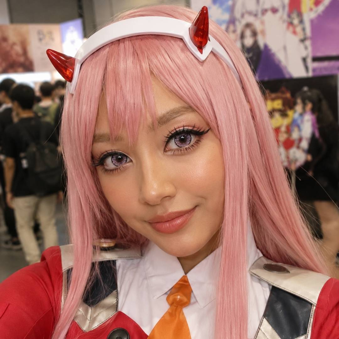 Close up cosplay selfie with long pink hair, red horn headband, and anime inspired costume details. Anime pink contacts give the eyes a bright pastel look that matches the character styling.