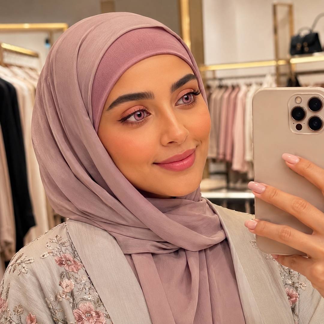 A woman in a hijab with pink contact lenses smiles while taking a selfie in a vibrant clothing store.