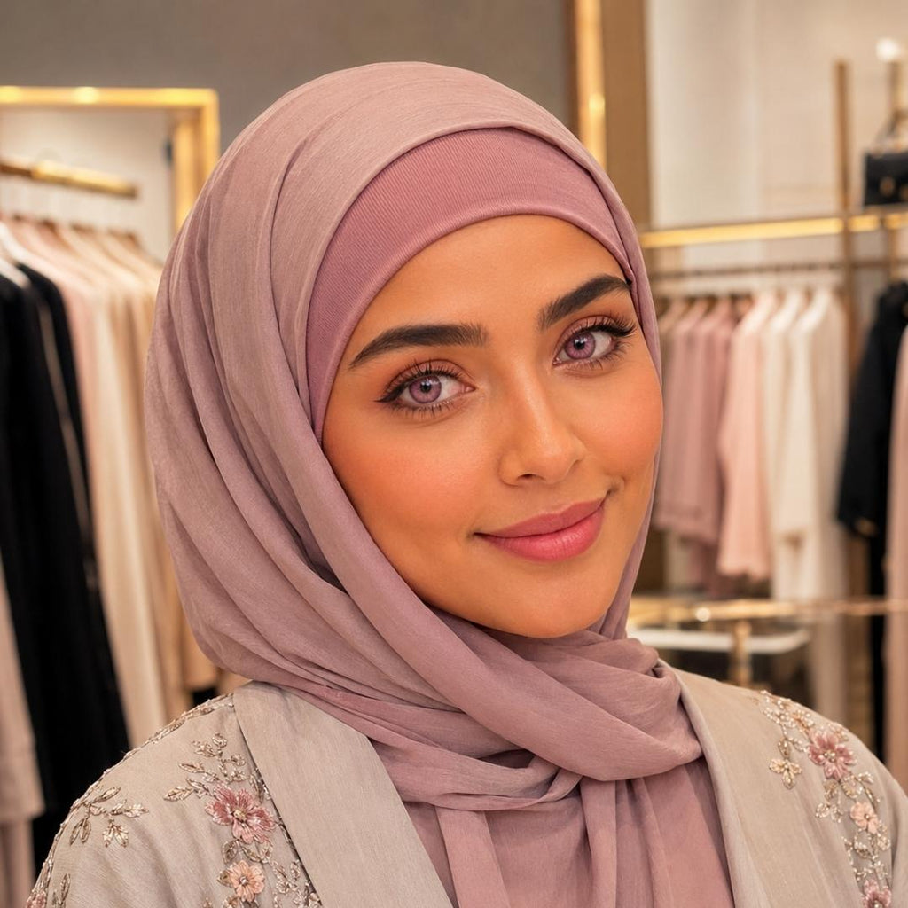 A woman in a hijab with pink contact lenses smiles while taking a selfie in a vibrant clothing store.