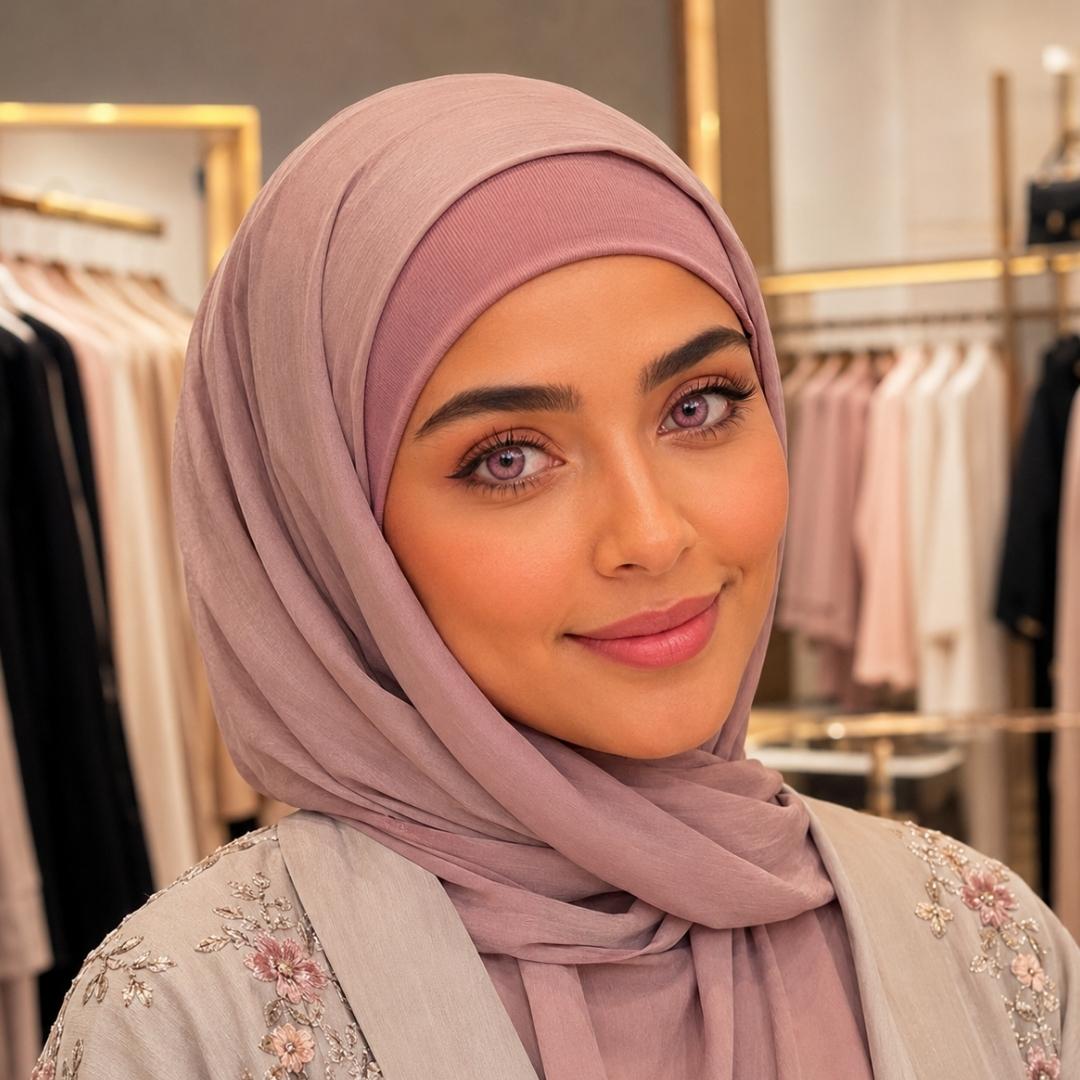 A woman in a hijab with pink contact lenses smiles while taking a selfie in a vibrant clothing store.