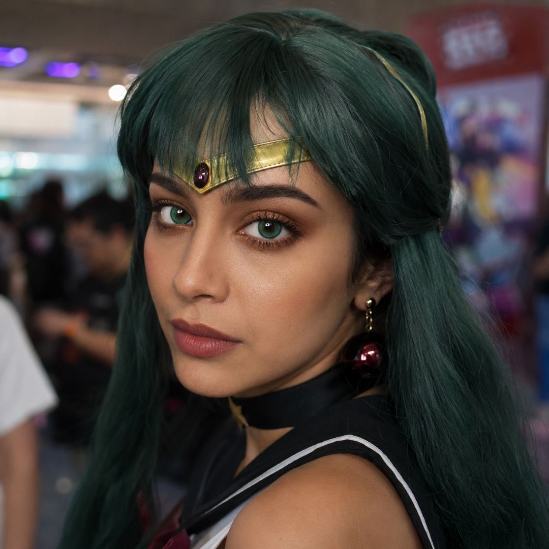 Cosplay portrait of a woman with dark green hair and jeweled headpiece at a convention. Her dramatic green eyes and costume accessories create a fantasy inspired appearance.