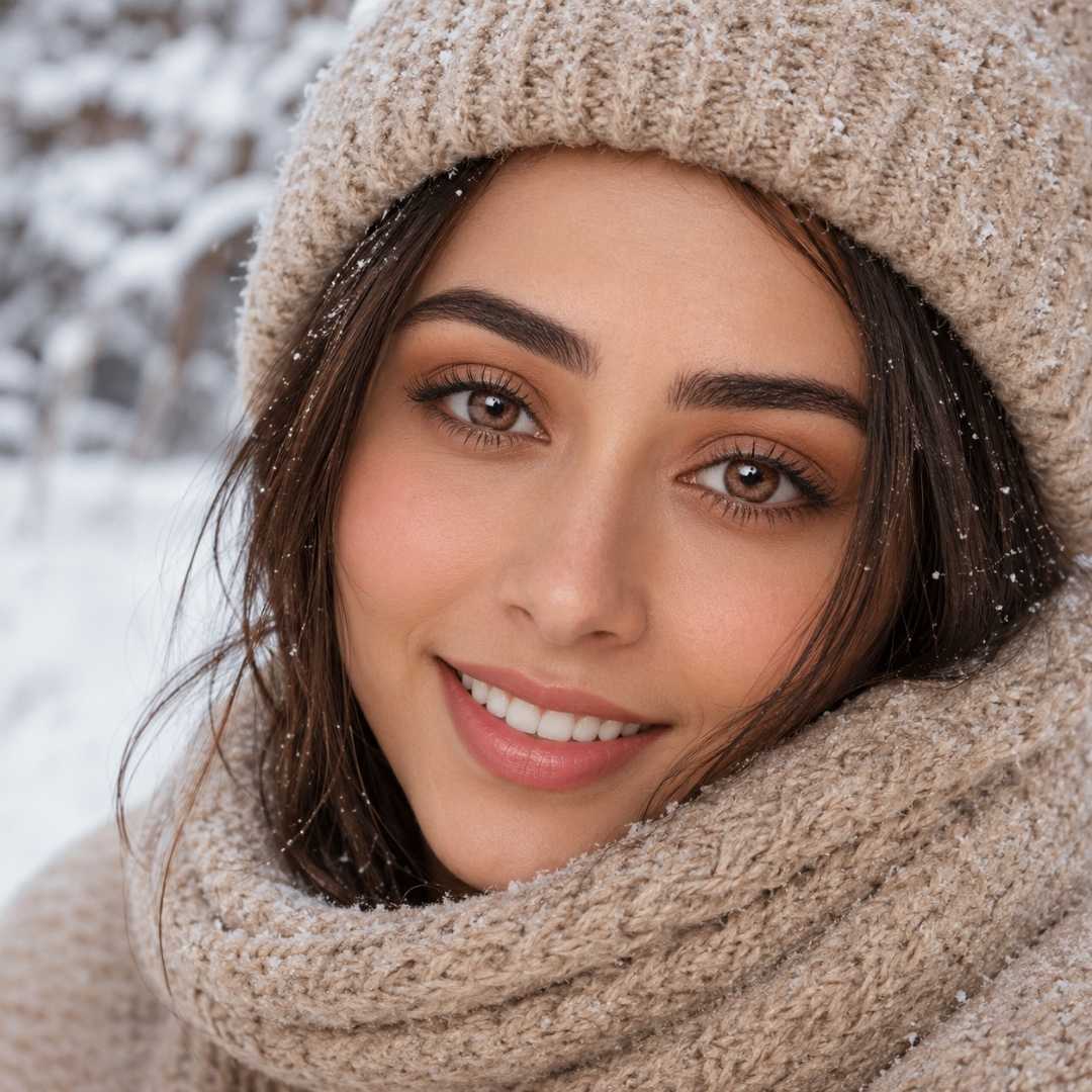 An extreme close-up portrait of a woman's face, framed by a thick, beige cable-knit beanie and a matching chunky knit scarf. Her face is in clear focus, with tiny, visible snowflakes caught in the knit fabric and her hair. The soft, snow-covered background is completely blurred, creating a cozy winter feel
