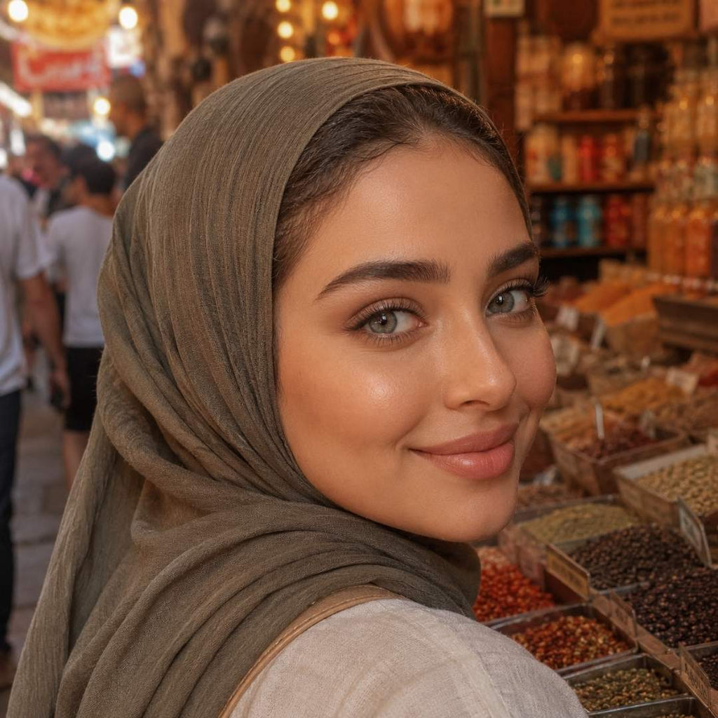 Woman wearing a brown hijab in a market setting with various items on display.