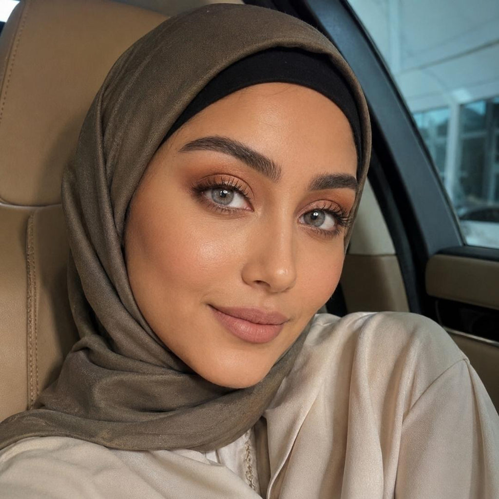 Woman wearing a hijab and gray color lenses sitting inside a car
