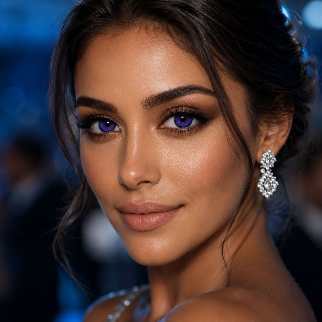 Close-up of a woman with purple eyes and elegant earrings against a blurred background