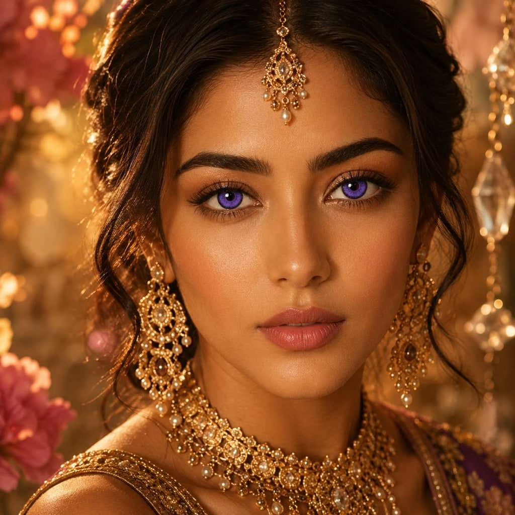 Woman wearing violet contact lenses elaborate gold jewelry with a blurred decorative background