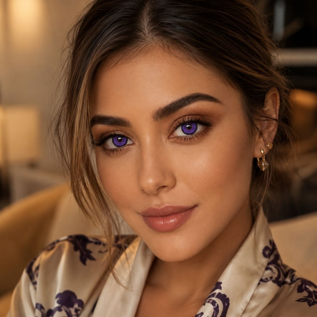 Close-up of a woman with purple eyes wearing a patterned garment.