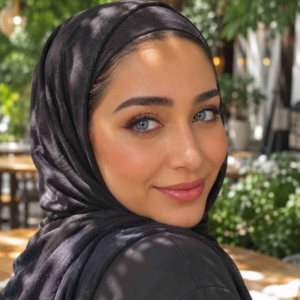 A woman in a black headscarf gazes confidently, her striking coco gray contact lenses enhancing her expressive eyes.