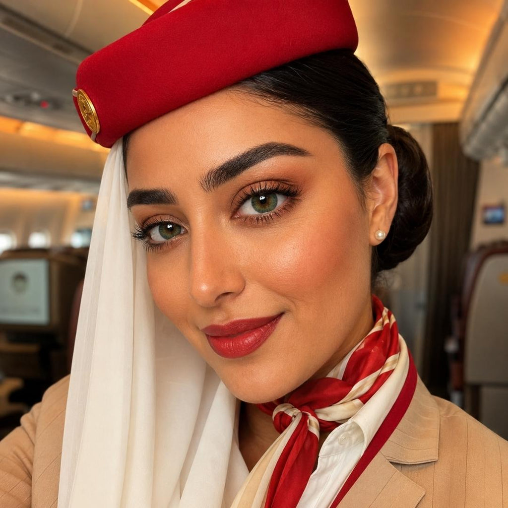 Airline stewardess wearing a red uniform with a white headscarf on an airplane.