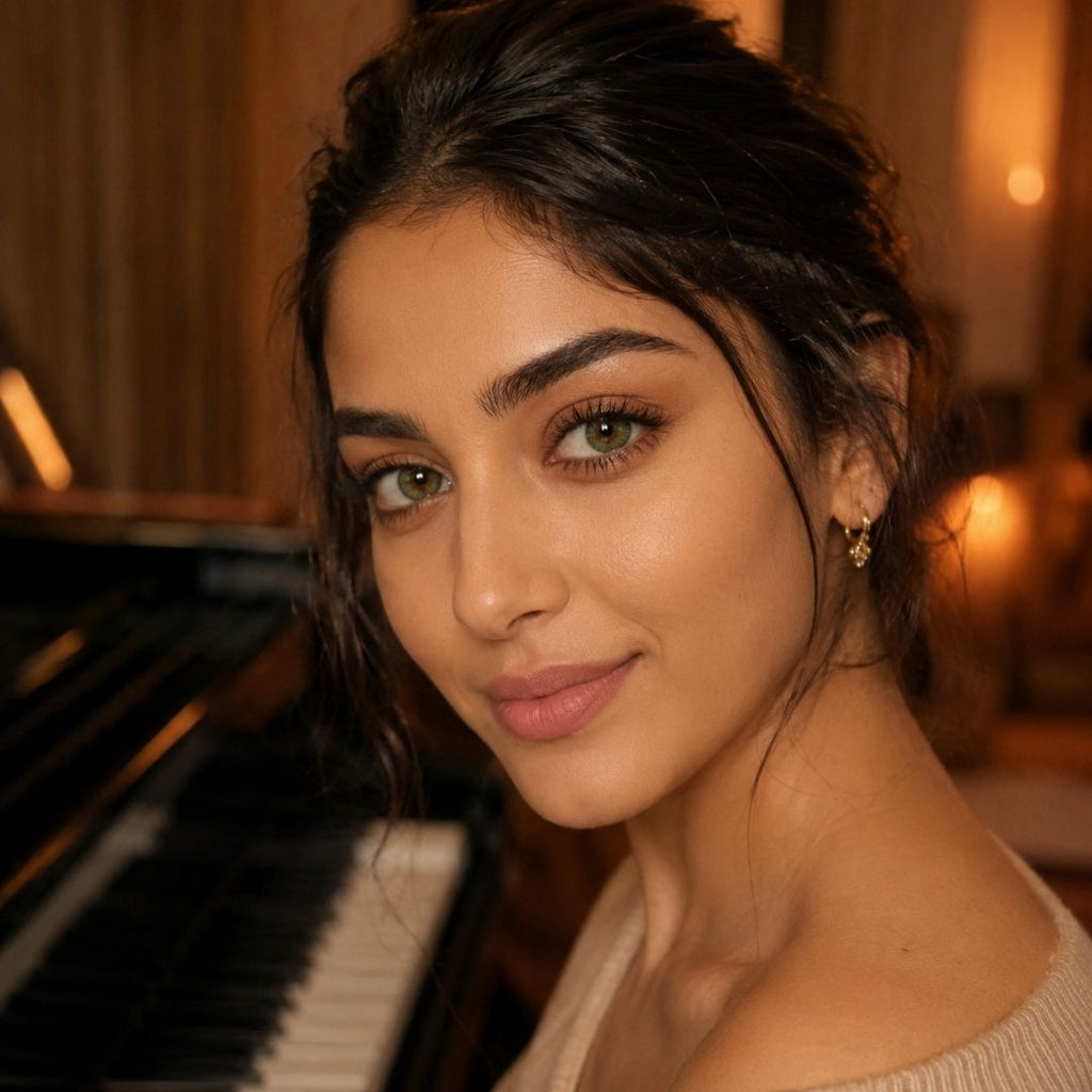 Woman wearing natural green contacts with a warm smile in front of a piano