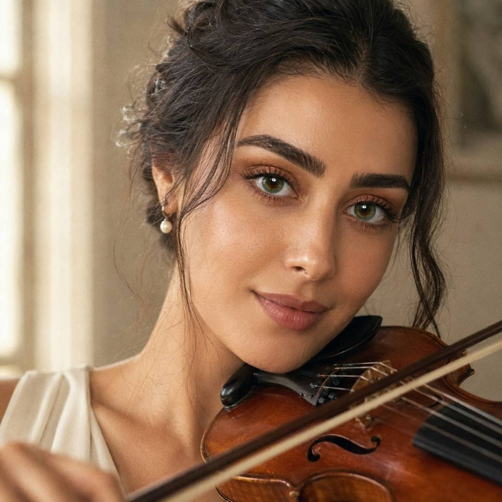 Elegant portrait showcasing subtle green contact lenses and playing violin