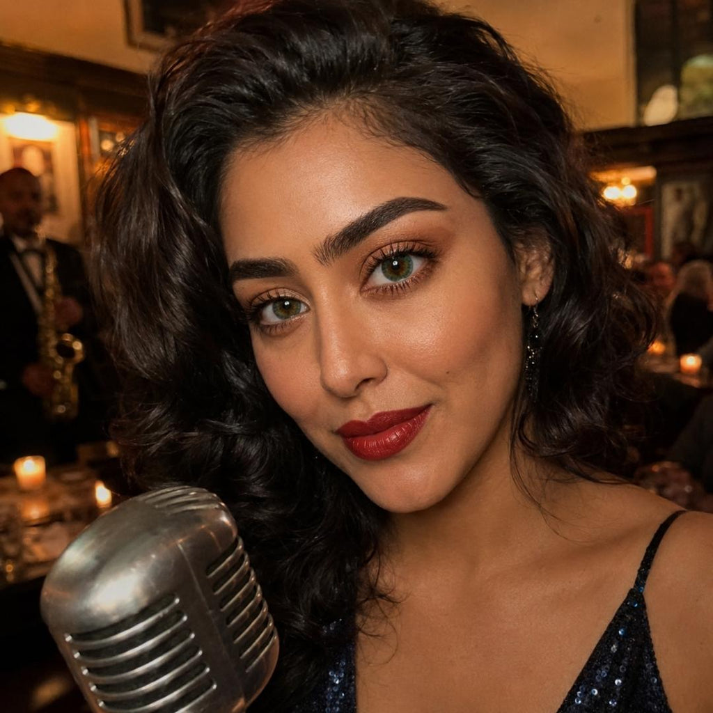 Woman with dark hair and red lipstick holding a vintage microphone in a warm, indoor setting.