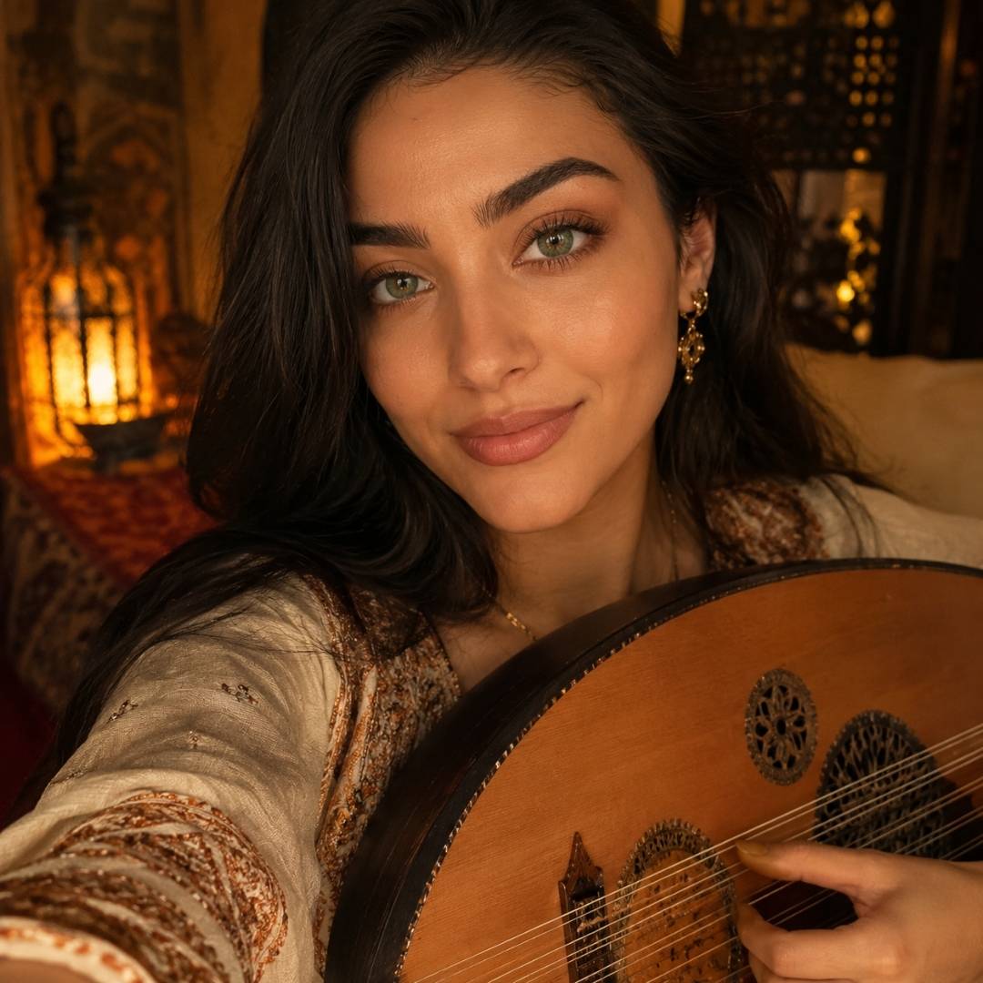 Woman holding a oud in a warm, indoor setting with lanterns.
