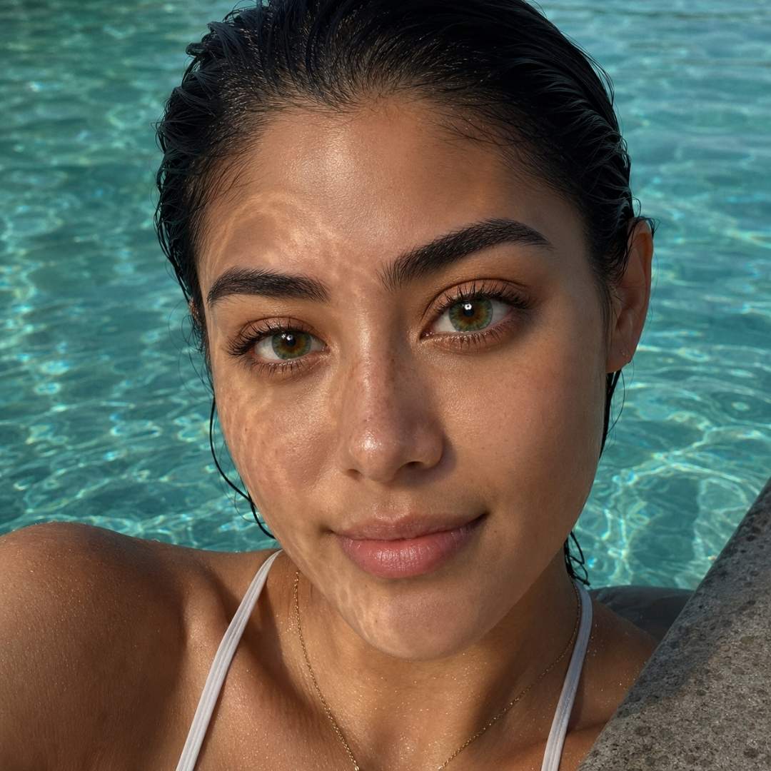 Close-up of subtle green contacts with fresh no-makeup poolside look