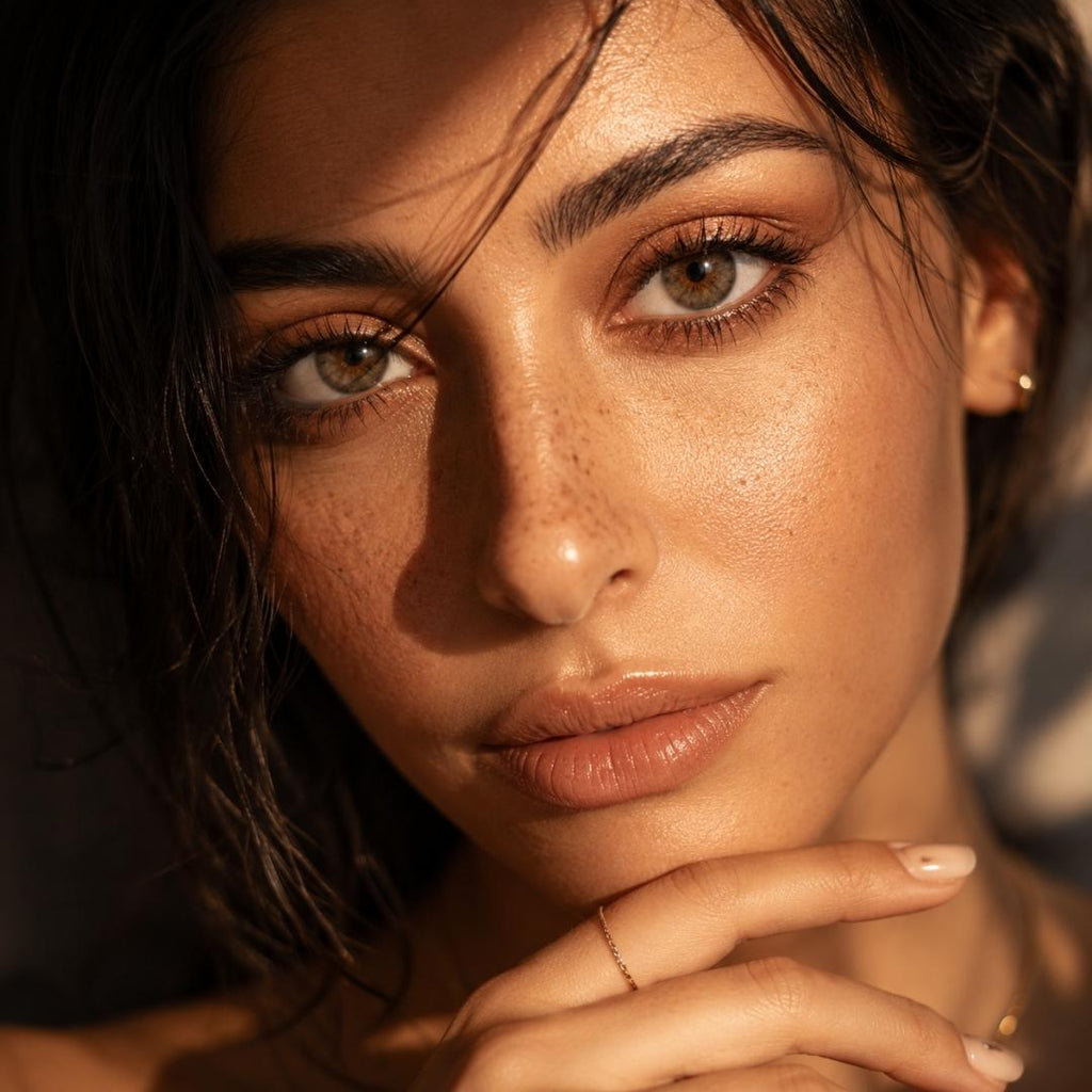Warm golden hour portrait of a woman with natural looking brown colored contact lenses resting her hand near her chin. Sunlight highlights her freckles, glossy lips, and soft makeup against a dark blurred background.