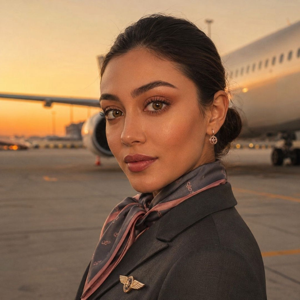Sunset airport portrait with natural looking brown contact lenses and elegant travel style